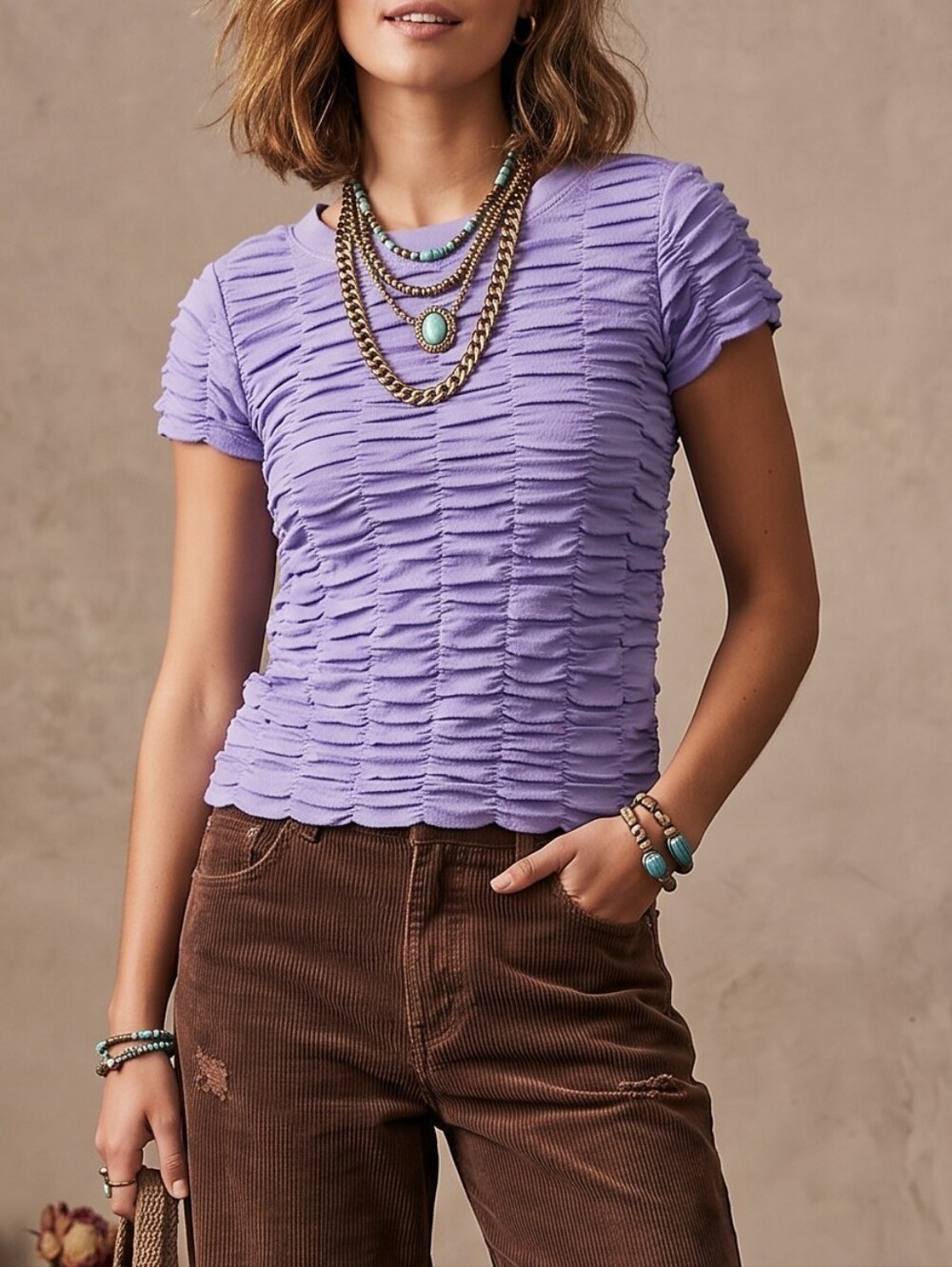 Anthropologie Lavender Crinkle Ruched Popcorn Short Sleeve Top Textured Medium